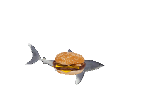 a transparent repeating gif of a shark swimming very quickly around a hamburger